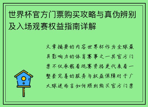 世界杯官方门票购买攻略与真伪辨别及入场观赛权益指南详解