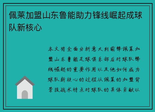 佩莱加盟山东鲁能助力锋线崛起成球队新核心