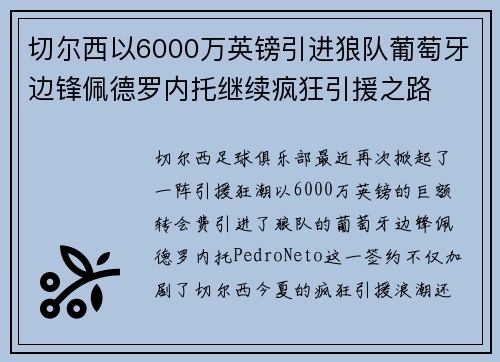 切尔西以6000万英镑引进狼队葡萄牙边锋佩德罗内托继续疯狂引援之路