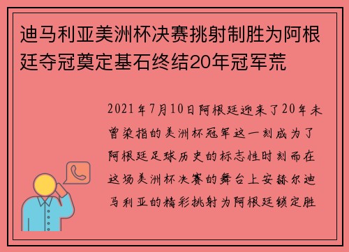 迪马利亚美洲杯决赛挑射制胜为阿根廷夺冠奠定基石终结20年冠军荒