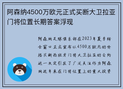 阿森纳4500万欧元正式买断大卫拉亚门将位置长期答案浮现